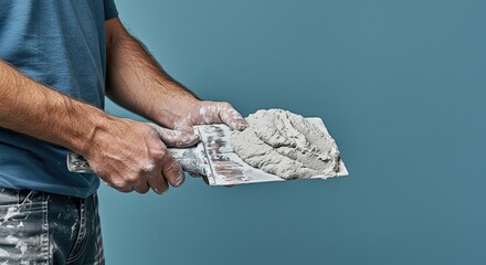 Worker's hands holding tool for wall repair, ready for home repair process