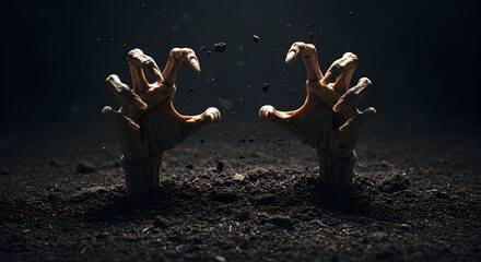 Naklejka premium Ghoulish Skeletal Hands Emerging from Dark Soil in a Mysterious Halloween Atmosphere