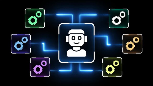 AI driven robotic process automation concept on the transparent background. Artificial intelligence agent and intelligent automation IA technology. Motion graphics of Automation process idea. 4k video