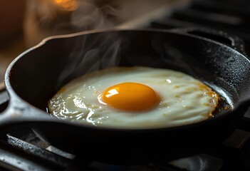 Fried egg cooking in hot skillet with steam rising naturally