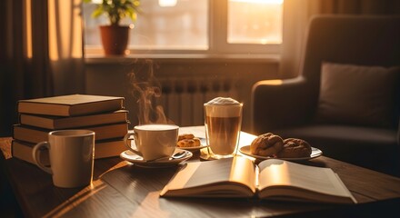 Cozy morning scene with steaming hot coffee and an open book, bathed in soft golden hour light, creating a perfect atmosphere for relaxation and quiet contemplation