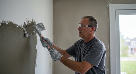 Skilled worker does wall renovation, careful renovation for perfect finish