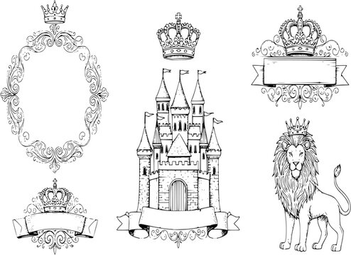 Vintage royal elements and princess decor elements in line style. Vintage royalty frame with crown, princess castle and royal lion. Vector illustration