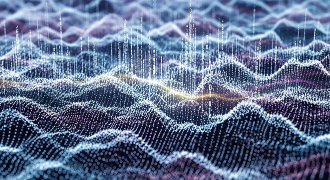 A detailed, data-rich graphic displays undulating patterns of interconnected points, showcasing binary code interwoven with a spectrum of cool tones.