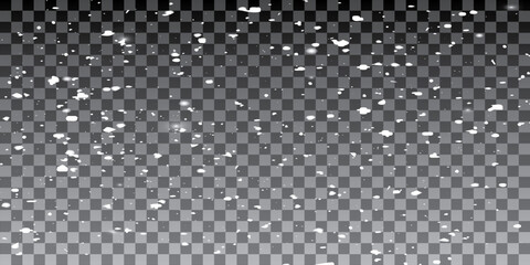 Realistic falling snow with snowflakes and clouds. Vector heavy snowfall, snowflakes in different shapes and forms. Many white cold flake elements on transparent background.
