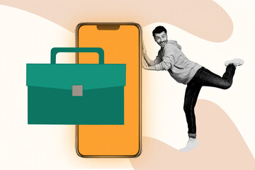 Composite 3d image art pop trend collage of excited employee man stand phone briefcase icon vacancy offer recruitment job search