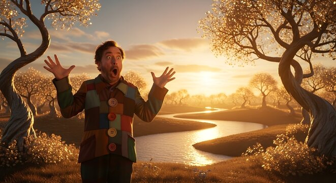 Astonished Man in Patchwork Coat, Surreal Sunset Landscape