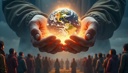 Giant Hands Holding Glowing Crystal Earth with Diverse People United