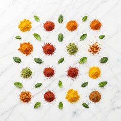 Flat lay of colorful spice powders and green leaves arranged on white marble surface