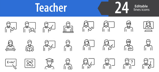 Teacher Line Icons, Education and Learning Vector Icons Set, Classroom and Teaching Symbols, Ideal for Both Digital and Print Use  

