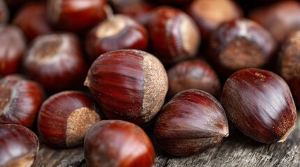 Obraz premium Close-up of fresh raw chestnuts on rustic wooden surface