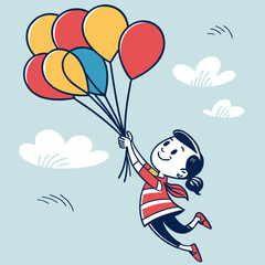 A cheerful cartoon child is joyfully flying through a light blue sky holding onto a vibrant bunch of red yellow and blue balloons