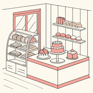A charming isometric illustration of a bakery interior showcasing a display case filled with pastries and cakes with shelves stocked with bread and sweet treats