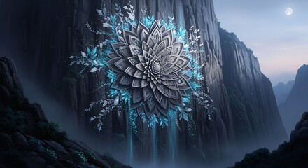 A digital artwork depicting a large, intricate mandala embedded with crystalline structures. The mandala features a silver and blue color scheme, with detailed geometric patterns