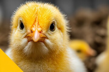 Close-up of a fluffy yellow chick in a barnyard setting