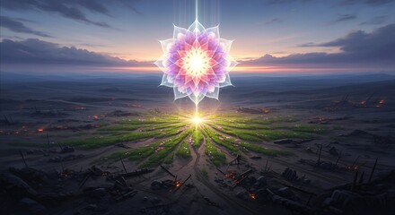 A digital artwork depicting a vibrant, glowing mandala descending from the heavens, illuminating a desolate, scorched landscape. The mandala's radiant light touches the earth