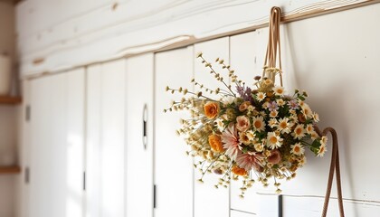 A rustic bouquet of dried wildflowers and daisies hanging from a hook on a white wooden wall, with warm natural light.