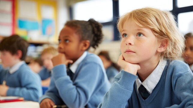 Engaged children in class: caucasian and african female students learning attentively