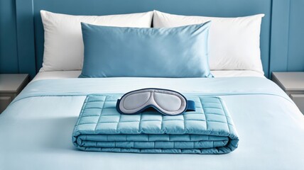 Folded blue weighted blanket with sleep mask on a neatly made bed