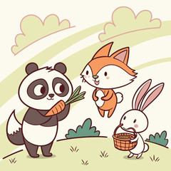 Cute cartoon panda fox and rabbit friends enjoying a sunny day in the meadow sharing healthy food and treats together © Logo