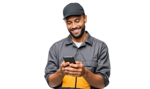 Smiling male worker in a uniform actively using smartphone, looking happy and engaged with digital communication or a mobile app