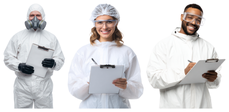 PNG Smiling professionals in protective gear, element set on transparent background