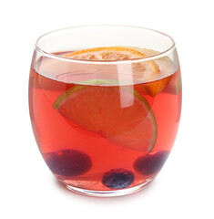 Tasty punch with slices of fruits and blueberries in glass isolated on white. Refreshing drink