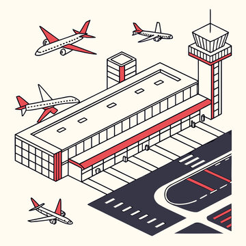 Isometric illustration of a modern airport terminal building with a control tower and airplanes in flight and on the tarmac against a light background