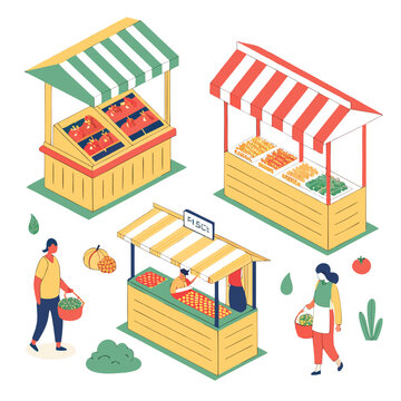 Isometric illustration of a vibrant outdoor market scene with three colorful stalls displaying fresh produce and people shopping for groceries in a cheerful setting