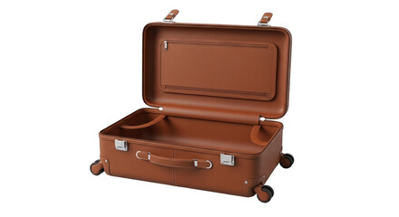 Open Brown Leather Suitcase with Wheels and Handle.