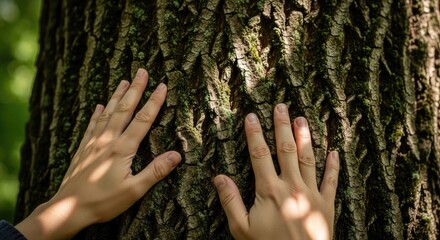 Human Hands Gently Touching Textured Tree Bark in a Forest with Soft Sunlight