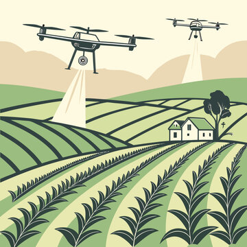 Modern farming technology with drones surveying agricultural fields and crops representing innovation in agriculture and smart farming practices