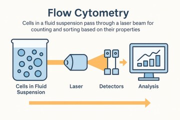 Schematic representation of flow cytometry process for cell analysis and sorting