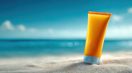 Sunscreen tube on sandy beach