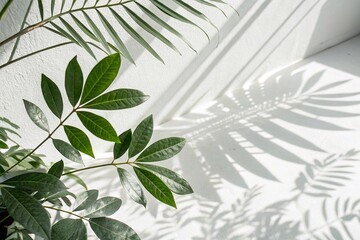 Tropical plant leaves with natural sunlight shadows
Green tropical leaves casting elegant shadows on a white wall, illuminated by soft natural light through a nearby window.
