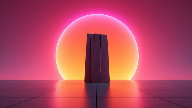 Futuristic abstract tower silhouette against a vibrant neon sunset glow