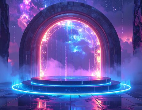 A futuristic, vibrant portal archway with neon lighting on a circular platform, showcasing a spectacular display of colors and glowing light effects.