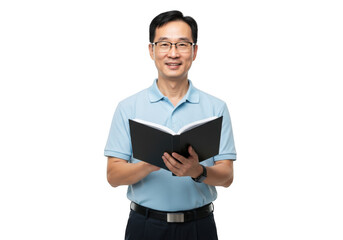 Smiling asian man holding an open book isolated on transparent background