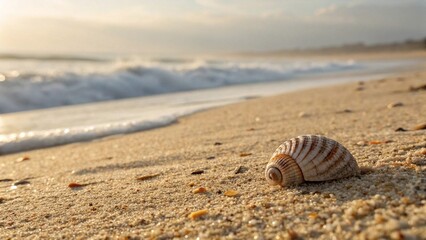 Seashell on sandy beach at ocean shore
Close-up of a seashell on golden sand with small pebbles and sea foam, waves rolling in at sunset along the shoreline.
