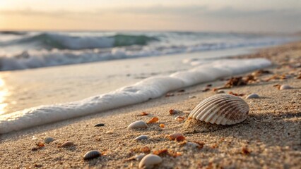 Seashell on sandy beach at ocean shore
Close-up of a seashell on golden sand with small pebbles and sea foam, waves rolling in at sunset along the shoreline.