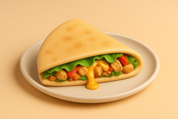 3D cartoon wrap sandwich with chicken, vegetables, and melted cheese