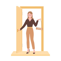 Smiling businesswoman standing at open door holding sign with word open, representing shop opening, welcoming customers, business startup, and entrepreneurship concept vector illustration