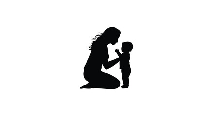 A silhouette of a mother kneeling while interacting with her baby