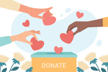 Hands of people donate. Volunteers give hearts to donation box flat vector illustration. Hope, solidarity, aid for refugees concept