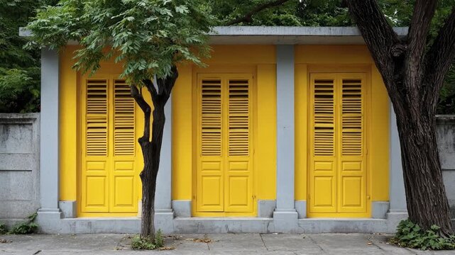 Three yellow shutter doors set in a buildings wall flanked by trees creating a bright yet natural scene