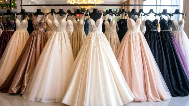 Elegant evening gowns hanging in a row on display, showcasing diverse designs, colors, fabrics, and embellishments in a fashion boutique.