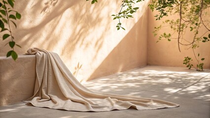 Soft Beige Fabric Draped in Sunlit Minimalist Space
Elegant beige fabric flowing onto the floor in a serene setting with warm sunlight and botanical shadows on a textured wall.
