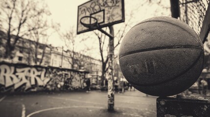 Vintage outdoor basketball court with graffiti and deflated basketball
