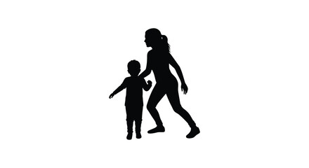 Mother and child silhouettes walking together a simple black and white image