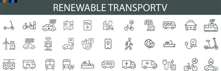 Renewable Transport Icon Set for Eco Mobility, Sustainable Energy, and Green Infrastructure UI Design